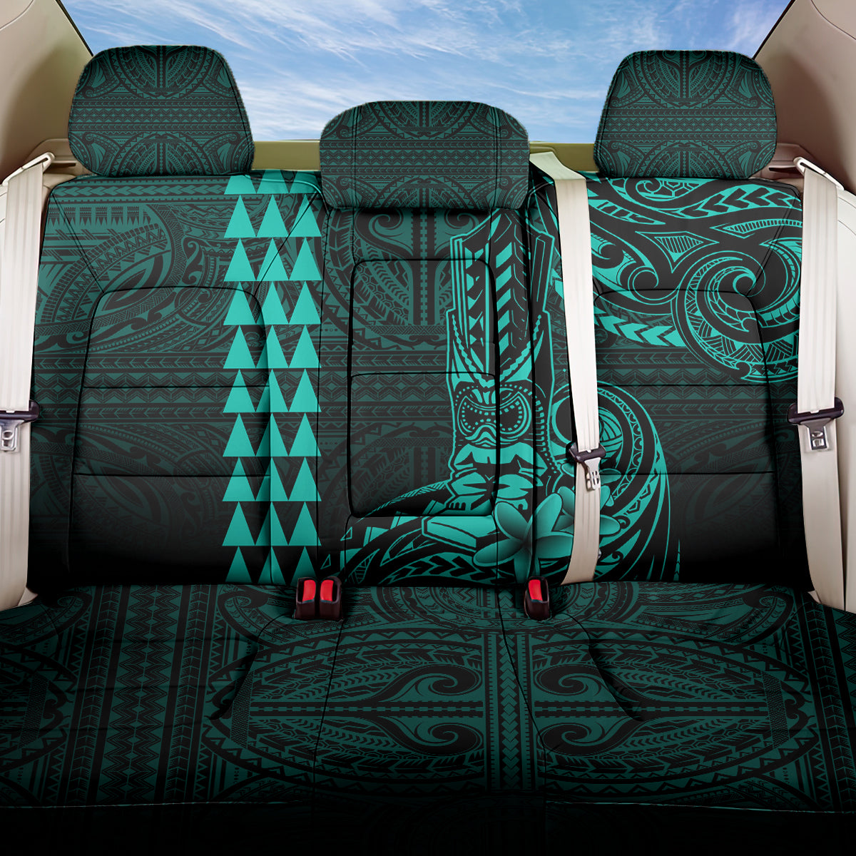 Hawaii Hauoli Makahiki Hou Back Car Seat Cover Lono Hawaiian God Kakau Polynesian Tribal Turquoise