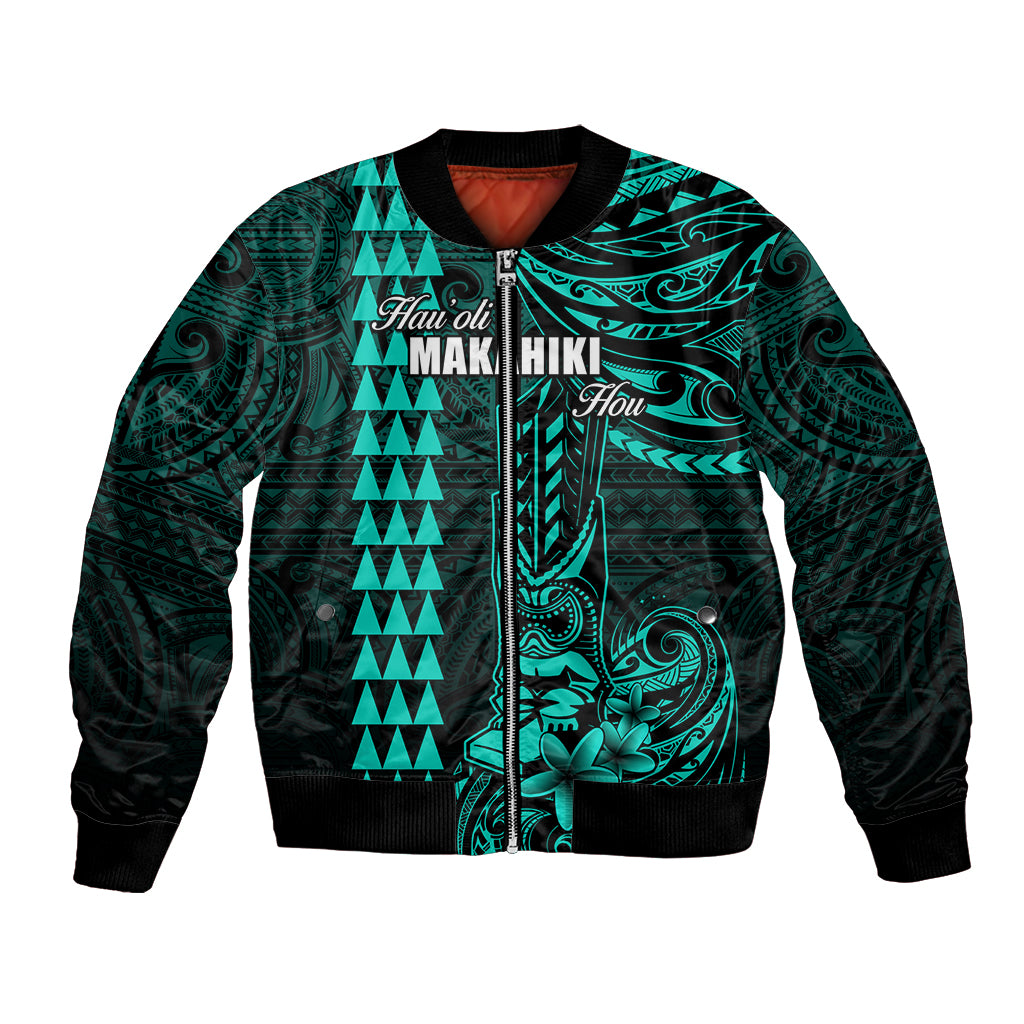 Personalized Hawaii Hauoli Makahiki Hou Bomber Jacket Lono Hawaiian God Kakau Polynesian Tribal Turquoise LT05 Unisex Turquoise - Polynesian Pride