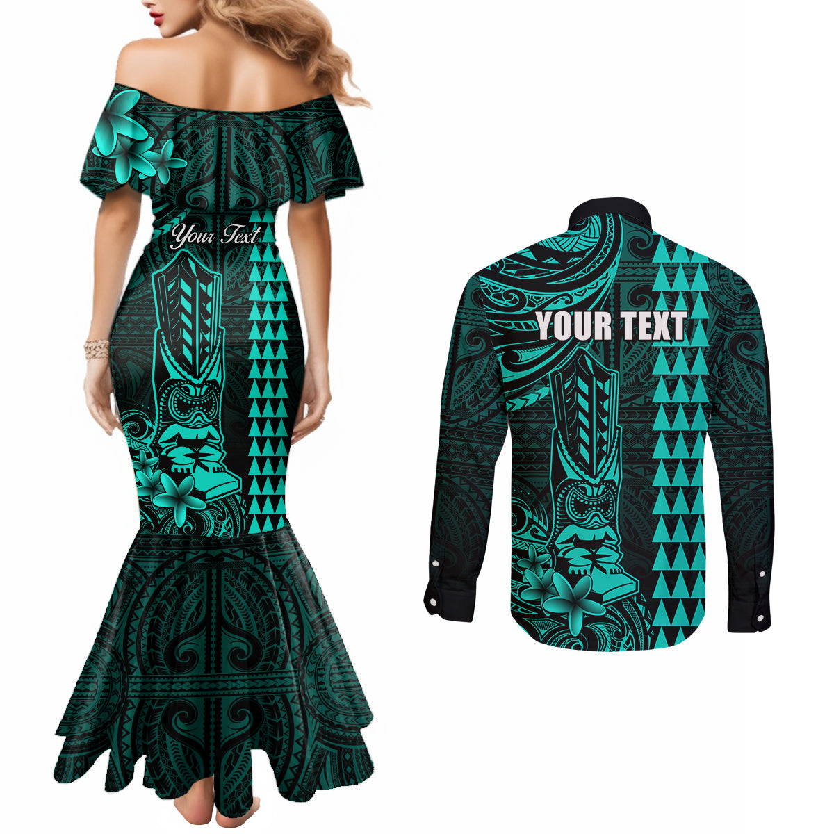 Personalized Hawaii Hauoli Makahiki Hou Couples Matching Mermaid Dress and Long Sleeve Button Shirts Lono Hawaiian God Kakau Polynesian Tribal Turquoise LT05 - Polynesian Pride