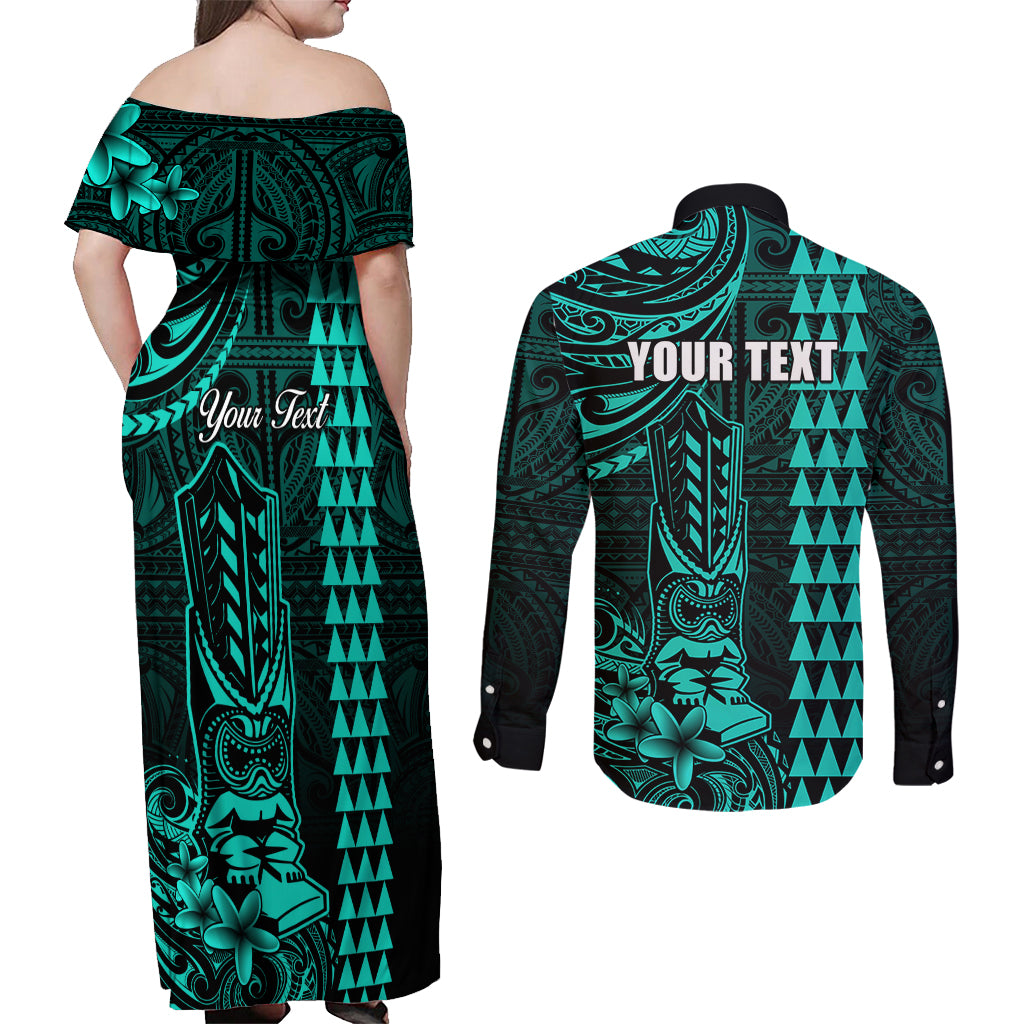 Personalized Hawaii Hauoli Makahiki Hou Couples Matching Off Shoulder Maxi Dress and Long Sleeve Button Shirts Lono Hawaiian God Kakau Polynesian Tribal Turquoise LT05 - Polynesian Pride