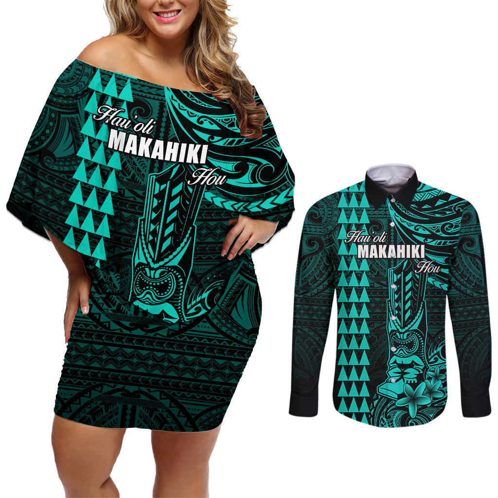 Personalized Hawaii Hauoli Makahiki Hou Couples Matching Off Shoulder Short Dress and Long Sleeve Button Shirts Lono Hawaiian God Kakau Polynesian Tribal Turquoise LT05 Turquoise - Polynesian Pride