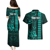 Personalized Hawaii Hauoli Makahiki Hou Couples Matching Puletasi Dress and Hawaiian Shirt Lono Hawaiian God Kakau Polynesian Tribal Turquoise LT05 - Polynesian Pride