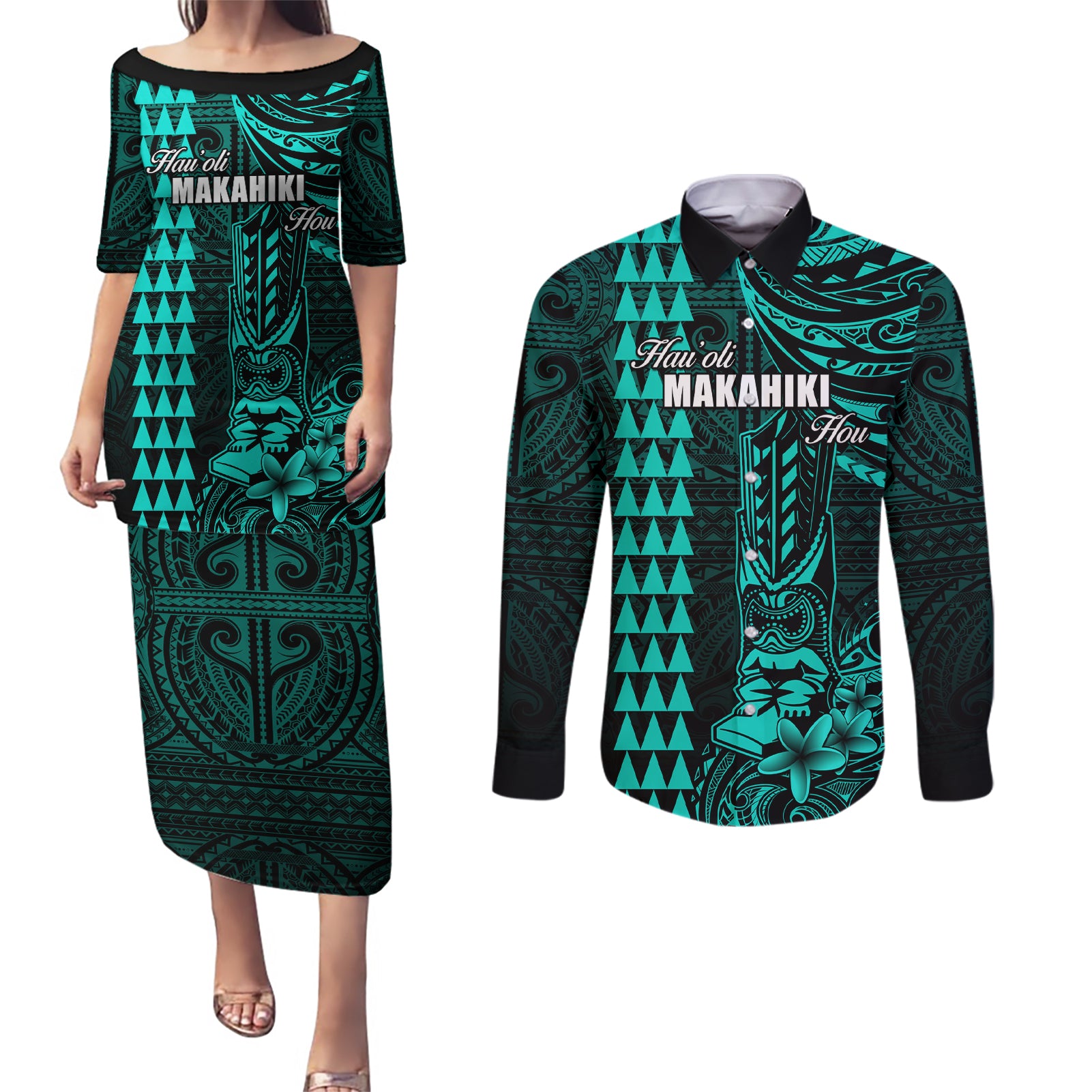 Personalized Hawaii Hauoli Makahiki Hou Couples Matching Puletasi Dress and Long Sleeve Button Shirts Lono Hawaiian God Kakau Polynesian Tribal Turquoise LT05 Turquoise - Polynesian Pride