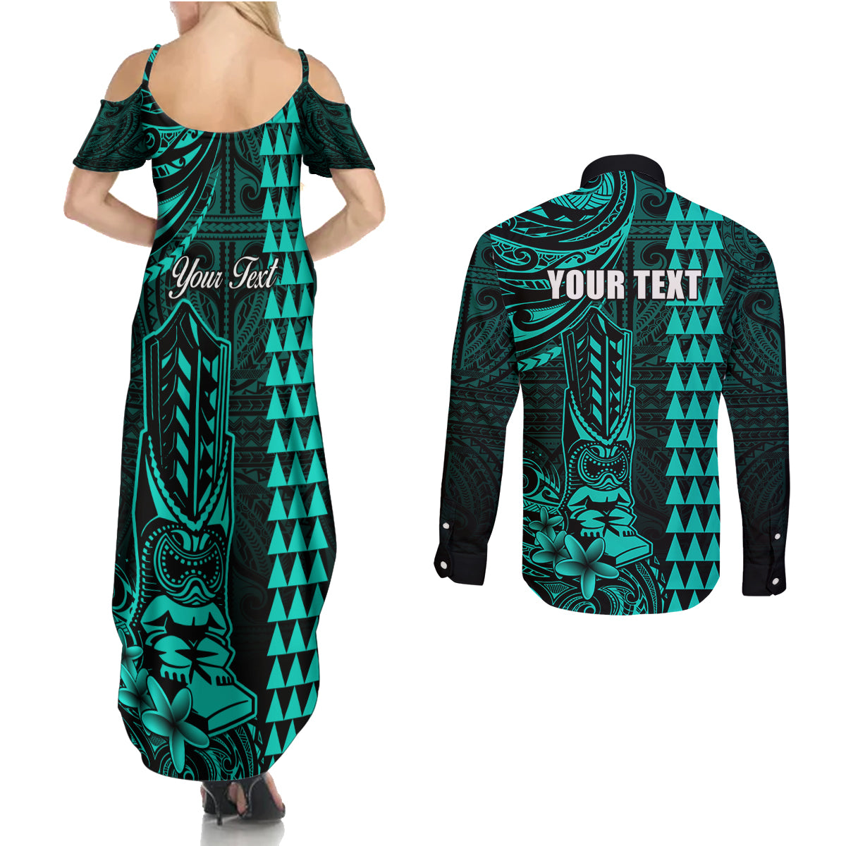 Personalized Hawaii Hauoli Makahiki Hou Couples Matching Summer Maxi Dress and Long Sleeve Button Shirts Lono Hawaiian God Kakau Polynesian Tribal Turquoise LT05 - Polynesian Pride