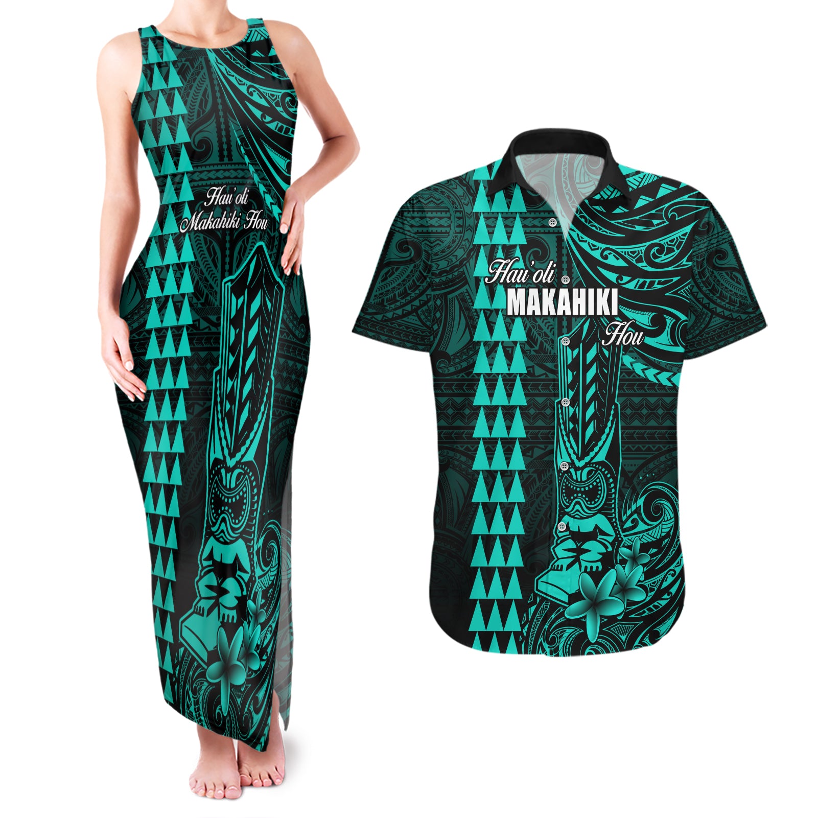 Personalized Hawaii Hauoli Makahiki Hou Couples Matching Tank Maxi Dress and Hawaiian Shirt Lono Hawaiian God Kakau Polynesian Tribal Turquoise LT05 Turquoise - Polynesian Pride