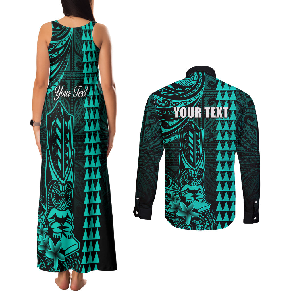 Personalized Hawaii Hauoli Makahiki Hou Couples Matching Tank Maxi Dress and Long Sleeve Button Shirts Lono Hawaiian God Kakau Polynesian Tribal Turquoise LT05 - Polynesian Pride