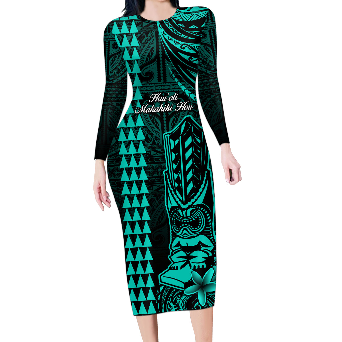 Personalized Hawaii Hauoli Makahiki Hou Family Matching Long Sleeve Bodycon Dress and Hawaiian Shirt Lono Hawaiian God Kakau Polynesian Tribal Turquoise LT05 Mom's Dress Turquoise - Polynesian Pride