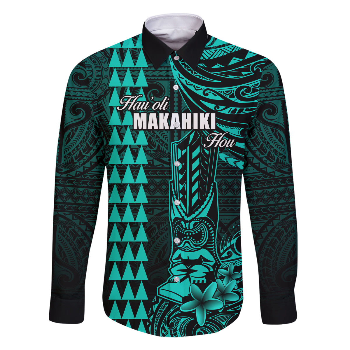 Personalized Hawaii Hauoli Makahiki Hou Family Matching Off Shoulder Long Sleeve Dress and Hawaiian Shirt Lono Hawaiian God Kakau Polynesian Tribal Turquoise LT05 Dad's Shirt - Long Sleeve Turquoise - Polynesian Pride
