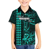 Personalized Hawaii Hauoli Makahiki Hou Family Matching Off Shoulder Long Sleeve Dress and Hawaiian Shirt Lono Hawaiian God Kakau Polynesian Tribal Turquoise LT05 Son's Shirt Turquoise - Polynesian Pride