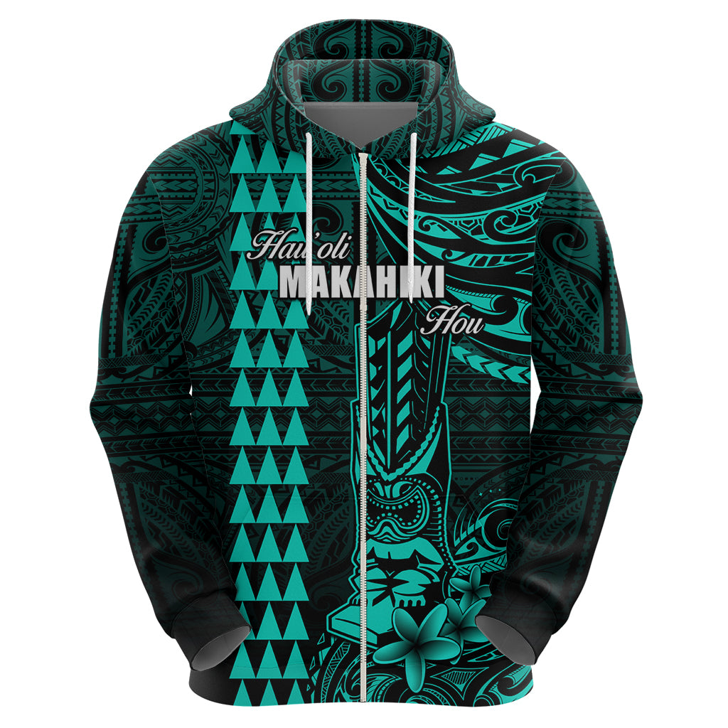 Personalized Hawaii Hauoli Makahiki Hou Hoodie Lono Hawaiian God Kakau Polynesian Tribal Turquoise LT05 - Polynesian Pride