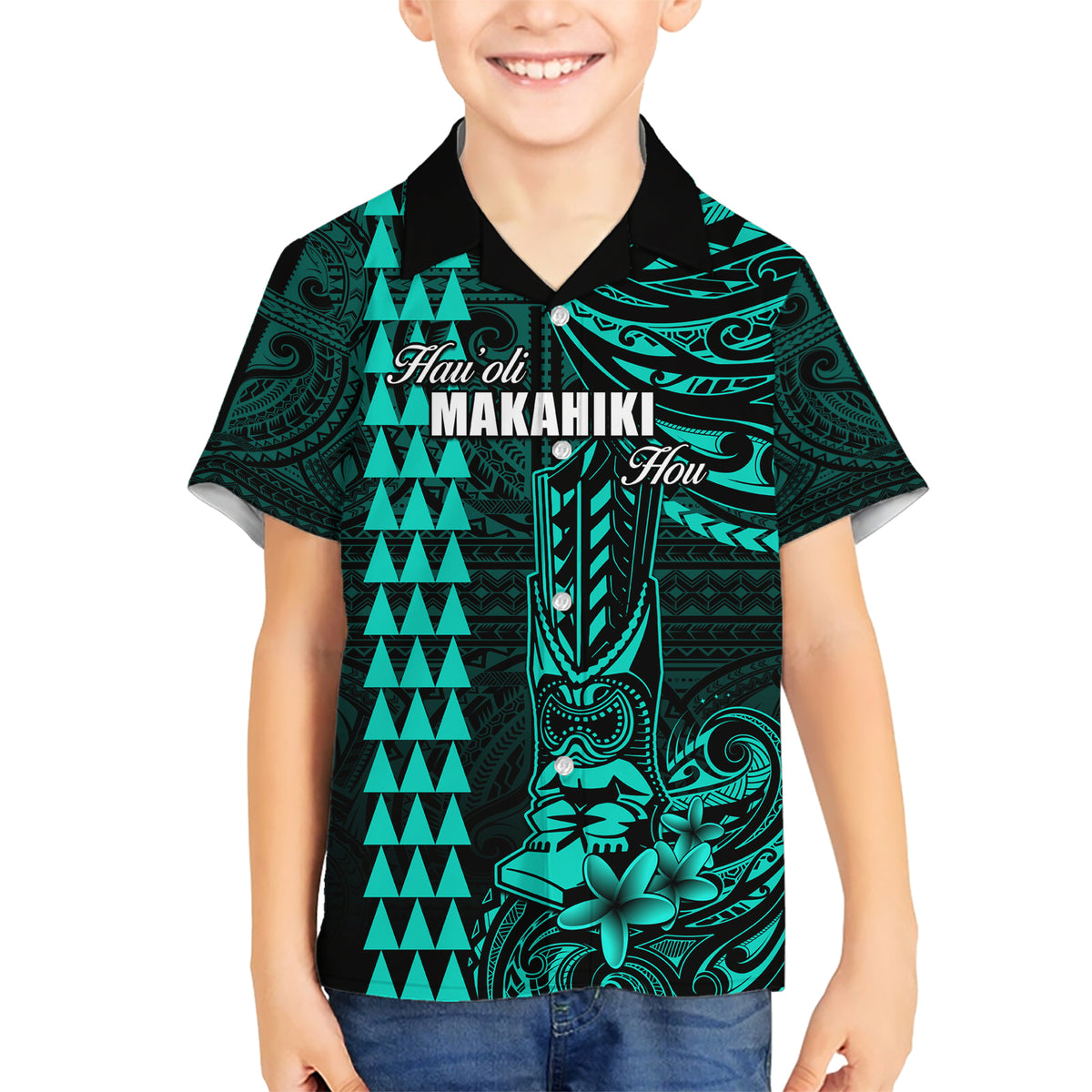 Personalized Hawaii Hauoli Makahiki Hou Kid Hawaiian Shirt Lono Hawaiian God Kakau Polynesian Tribal Turquoise LT05 Kid Turquoise - Polynesian Pride