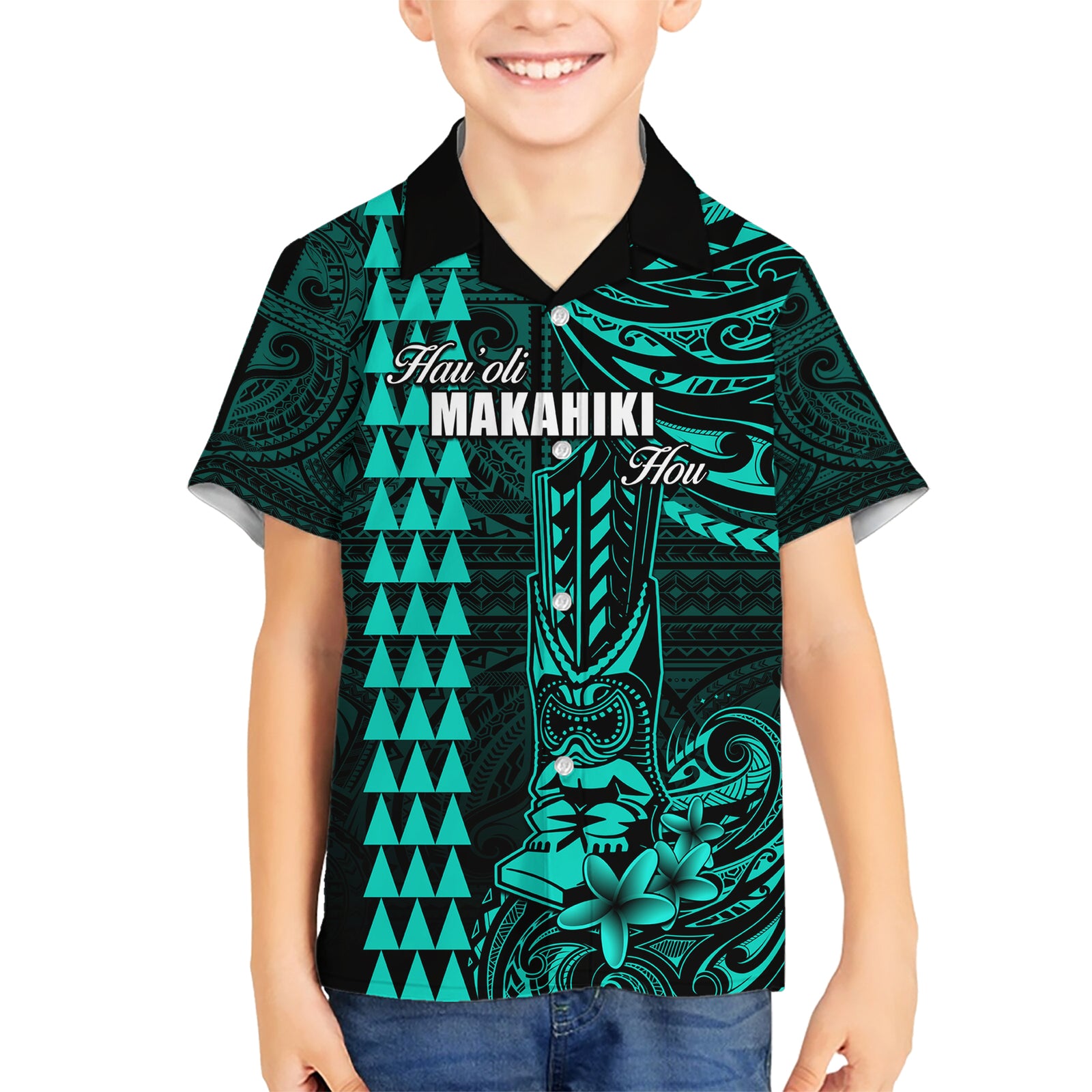Personalized Hawaii Hauoli Makahiki Hou Kid Hawaiian Shirt Lono Hawaiian God Kakau Polynesian Tribal Turquoise LT05 Kid Turquoise - Polynesian Pride