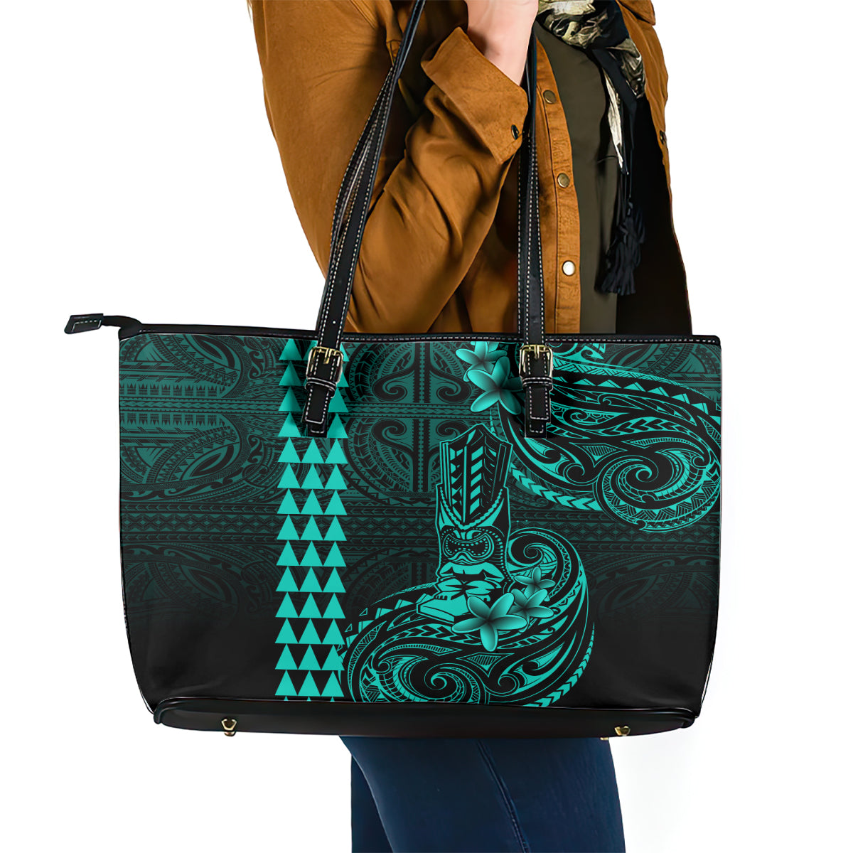Hawaii Hauoli Makahiki Hou Leather Tote Bag Lono Hawaiian God Kakau Polynesian Tribal Turquoise LT05 - Polynesian Pride
