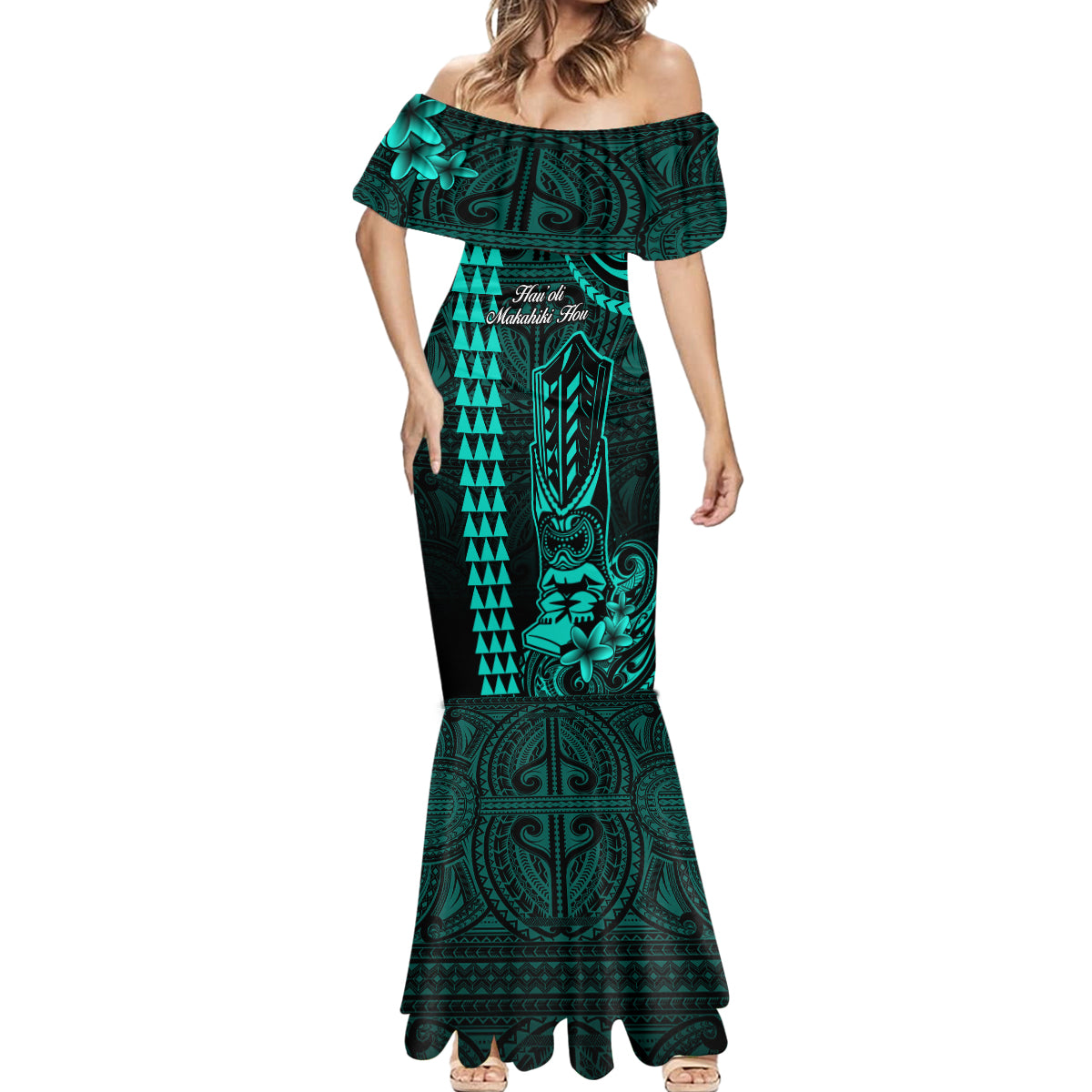 Personalized Hawaii Hauoli Makahiki Hou Mermaid Dress Lono Hawaiian God Kakau Polynesian Tribal Turquoise LT05 - Polynesian Pride