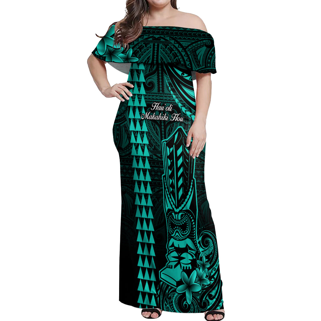Personalized Hawaii Hauoli Makahiki Hou Off Shoulder Maxi Dress Lono Hawaiian God Kakau Polynesian Tribal Turquoise LT05 Women Turquoise - Polynesian Pride