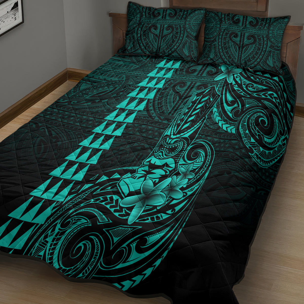 Hawaii Hauoli Makahiki Hou Quilt Bed Set Lono Hawaiian God Kakau Polynesian Tribal Turquoise LT05 - Polynesian Pride