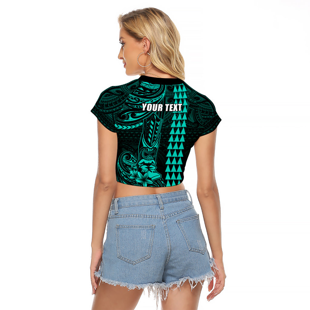 Personalized Hawaii Hauoli Makahiki Hou Raglan Cropped T Shirt Lono Hawaiian God Kakau Polynesian Tribal Turquoise LT05 - Polynesian Pride