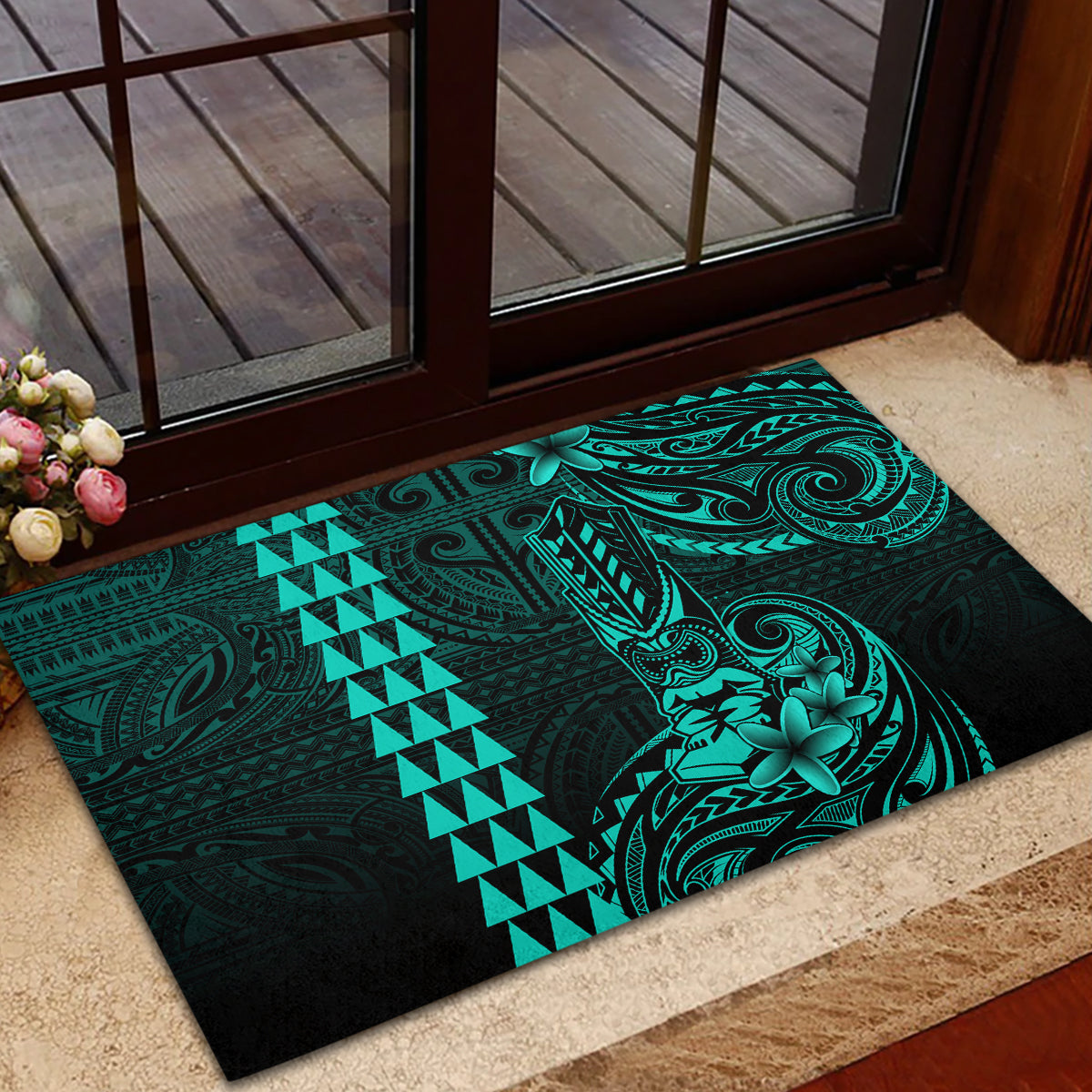 Hawaii Hauoli Makahiki Hou Rubber Doormat Lono Hawaiian God Kakau Polynesian Tribal Turquoise LT05 - Polynesian Pride