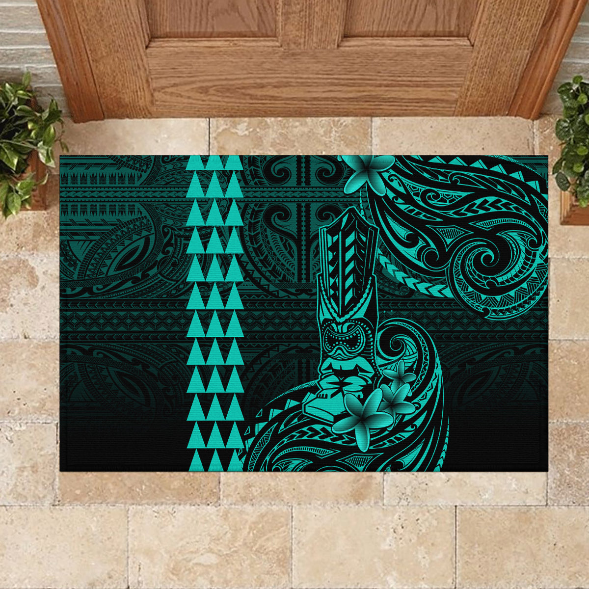 Hawaii Hauoli Makahiki Hou Rubber Doormat Lono Hawaiian God Kakau Polynesian Tribal Turquoise LT05 - Polynesian Pride