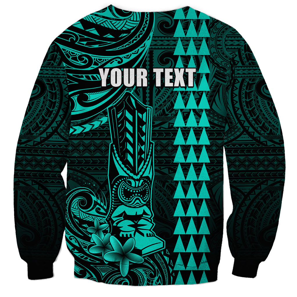 Personalized Hawaii Hauoli Makahiki Hou Sweatshirt Lono Hawaiian God Kakau Polynesian Tribal Turquoise LT05 - Polynesian Pride