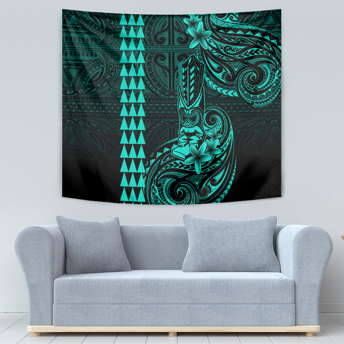 Hawaii Hauoli Makahiki Hou Tapestry Lono Hawaiian God Kakau Polynesian Tribal Turquoise LT05 - Polynesian Pride
