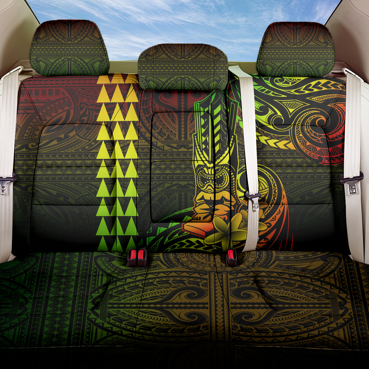 Hawaii Hauoli Makahiki Hou Back Car Seat Cover Lono Hawaiian God Kakau Polynesian Tribal Reggae