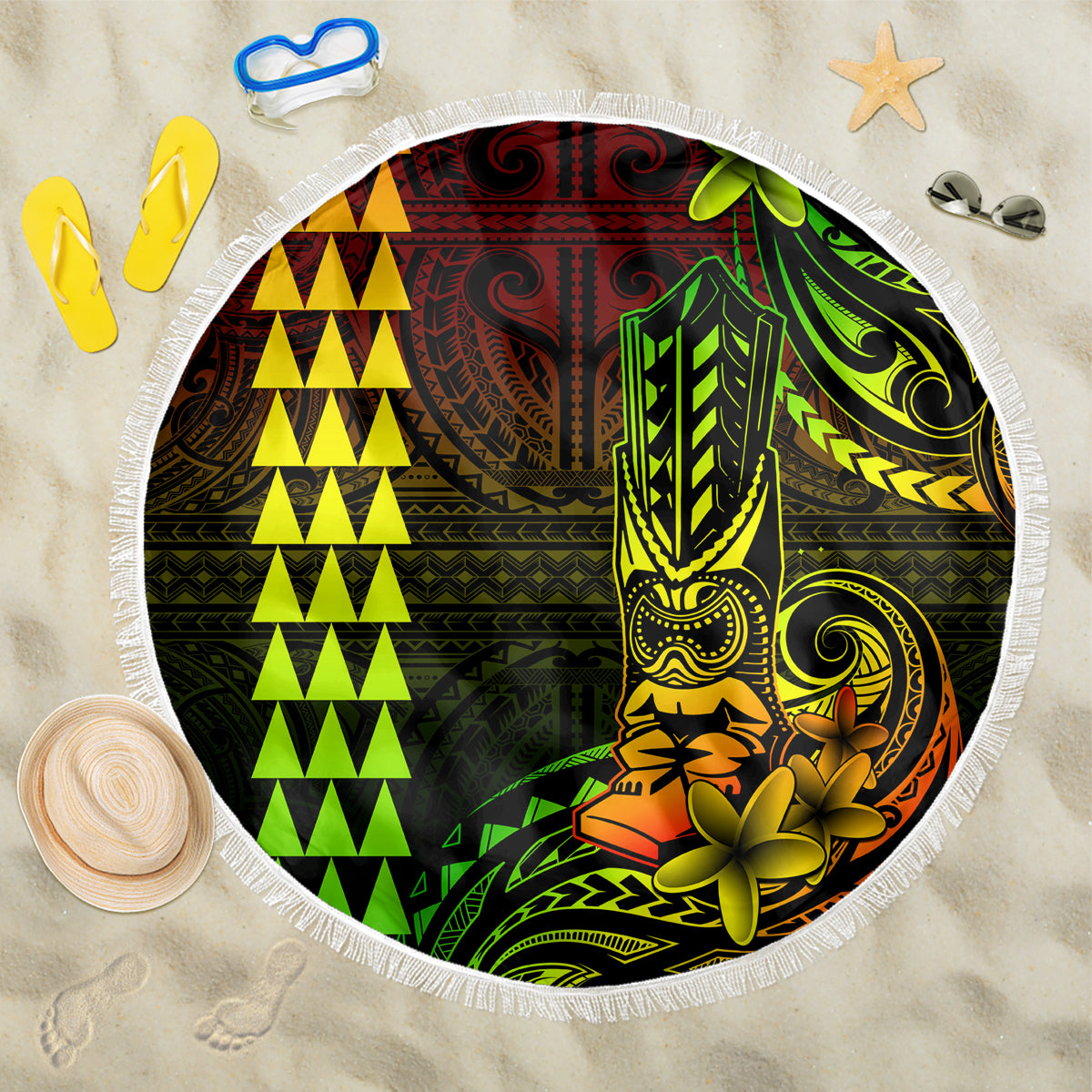 Hawaii Hauoli Makahiki Hou Beach Blanket Lono Hawaiian God Kakau Polynesian Tribal Reggae LT05 One Size 150cm Reggae - Wonder Print Shop