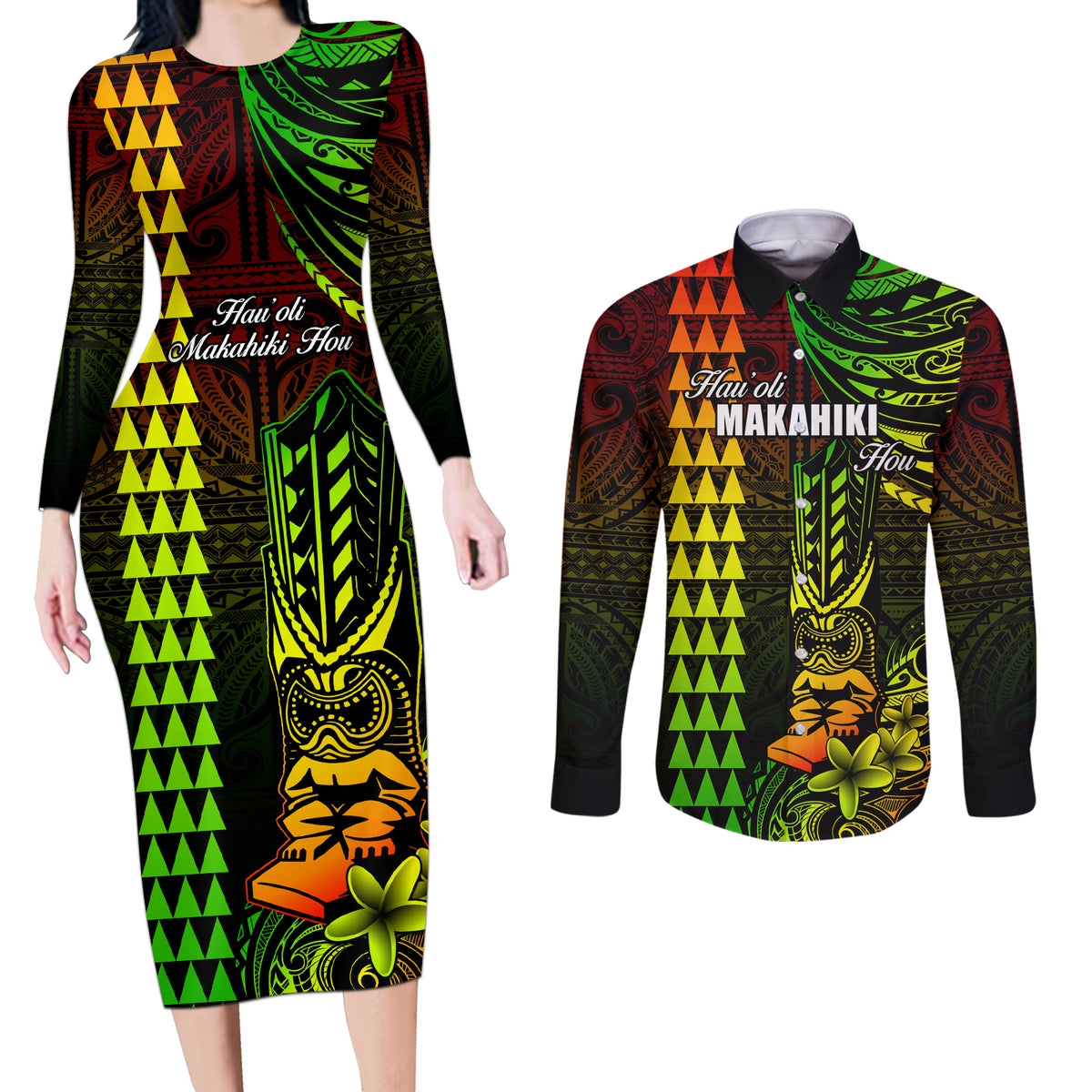 Personalized Hawaii Hauoli Makahiki Hou Couples Matching Long Sleeve Bodycon Dress and Long Sleeve Button Shirts Lono Hawaiian God Kakau Polynesian Tribal Reggae LT05 Reggae - Polynesian Pride