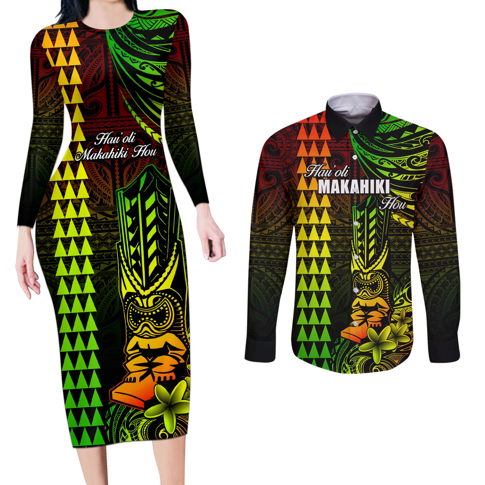 Personalized Hawaii Hauoli Makahiki Hou Couples Matching Long Sleeve Bodycon Dress and Long Sleeve Button Shirts Lono Hawaiian God Kakau Polynesian Tribal Reggae LT05 Reggae - Polynesian Pride