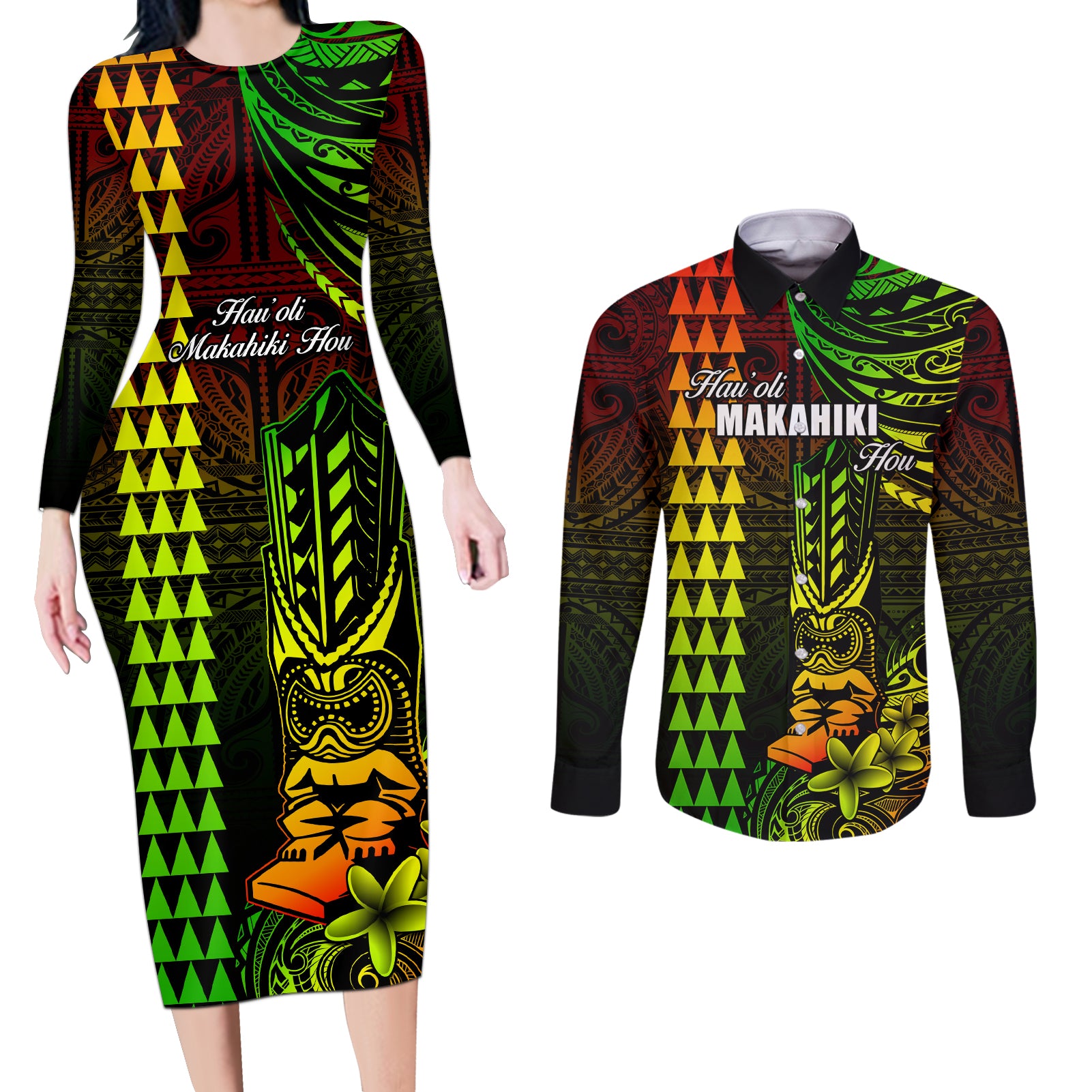 Personalized Hawaii Hauoli Makahiki Hou Couples Matching Long Sleeve Bodycon Dress and Long Sleeve Button Shirts Lono Hawaiian God Kakau Polynesian Tribal Reggae LT05 Reggae - Polynesian Pride