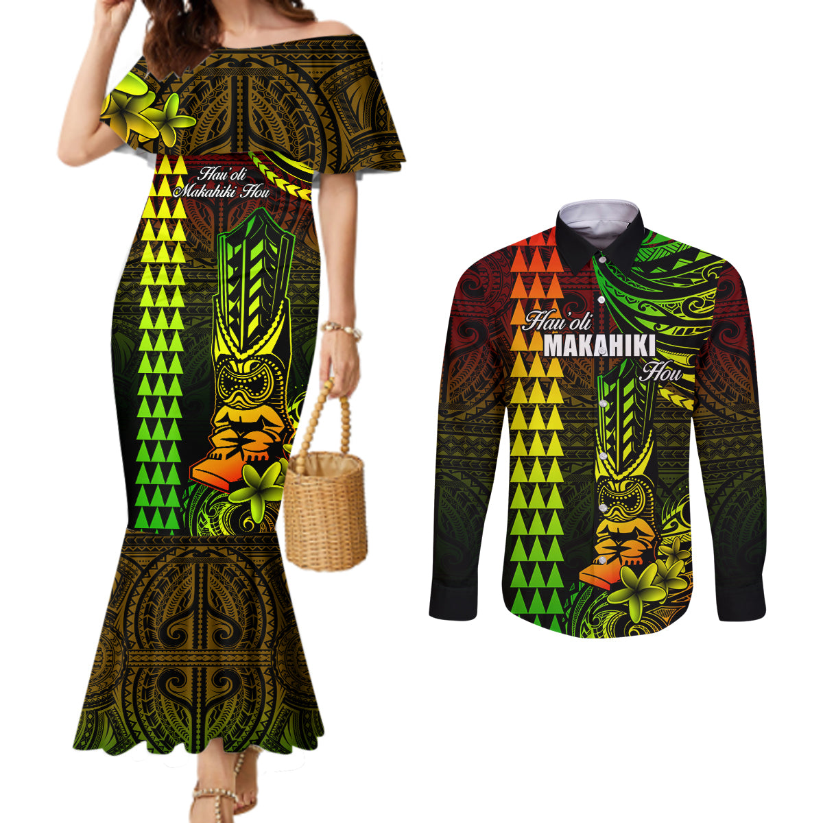 Personalized Hawaii Hauoli Makahiki Hou Couples Matching Mermaid Dress and Long Sleeve Button Shirts Lono Hawaiian God Kakau Polynesian Tribal Reggae LT05 Reggae - Polynesian Pride