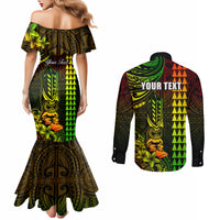 Personalized Hawaii Hauoli Makahiki Hou Couples Matching Mermaid Dress and Long Sleeve Button Shirts Lono Hawaiian God Kakau Polynesian Tribal Reggae LT05 - Polynesian Pride