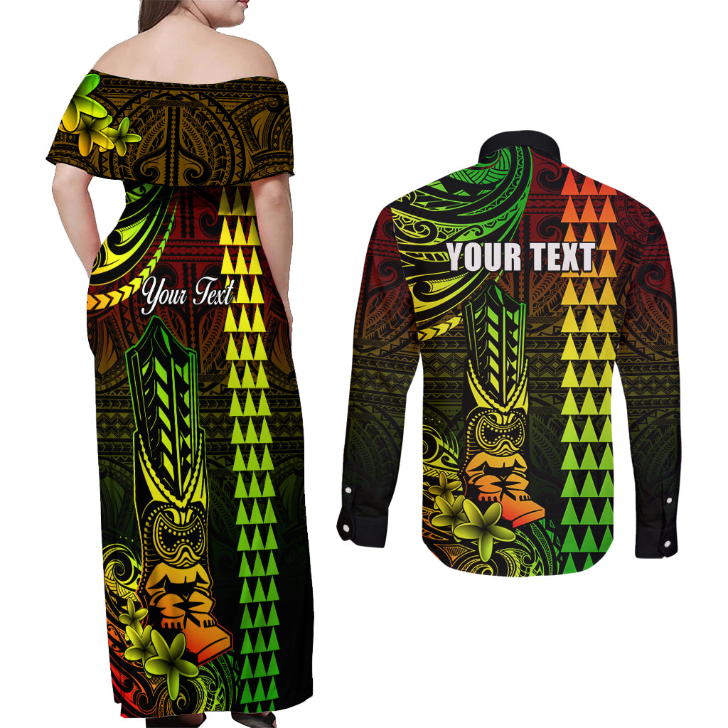 Personalized Hawaii Hauoli Makahiki Hou Couples Matching Off Shoulder Maxi Dress and Long Sleeve Button Shirts Lono Hawaiian God Kakau Polynesian Tribal Reggae LT05 - Polynesian Pride