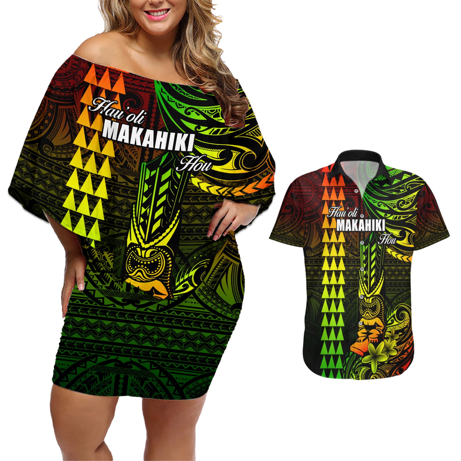Personalized Hawaii Hauoli Makahiki Hou Couples Matching Off Shoulder Short Dress and Hawaiian Shirt Lono Hawaiian God Kakau Polynesian Tribal Reggae LT05 Reggae - Polynesian Pride