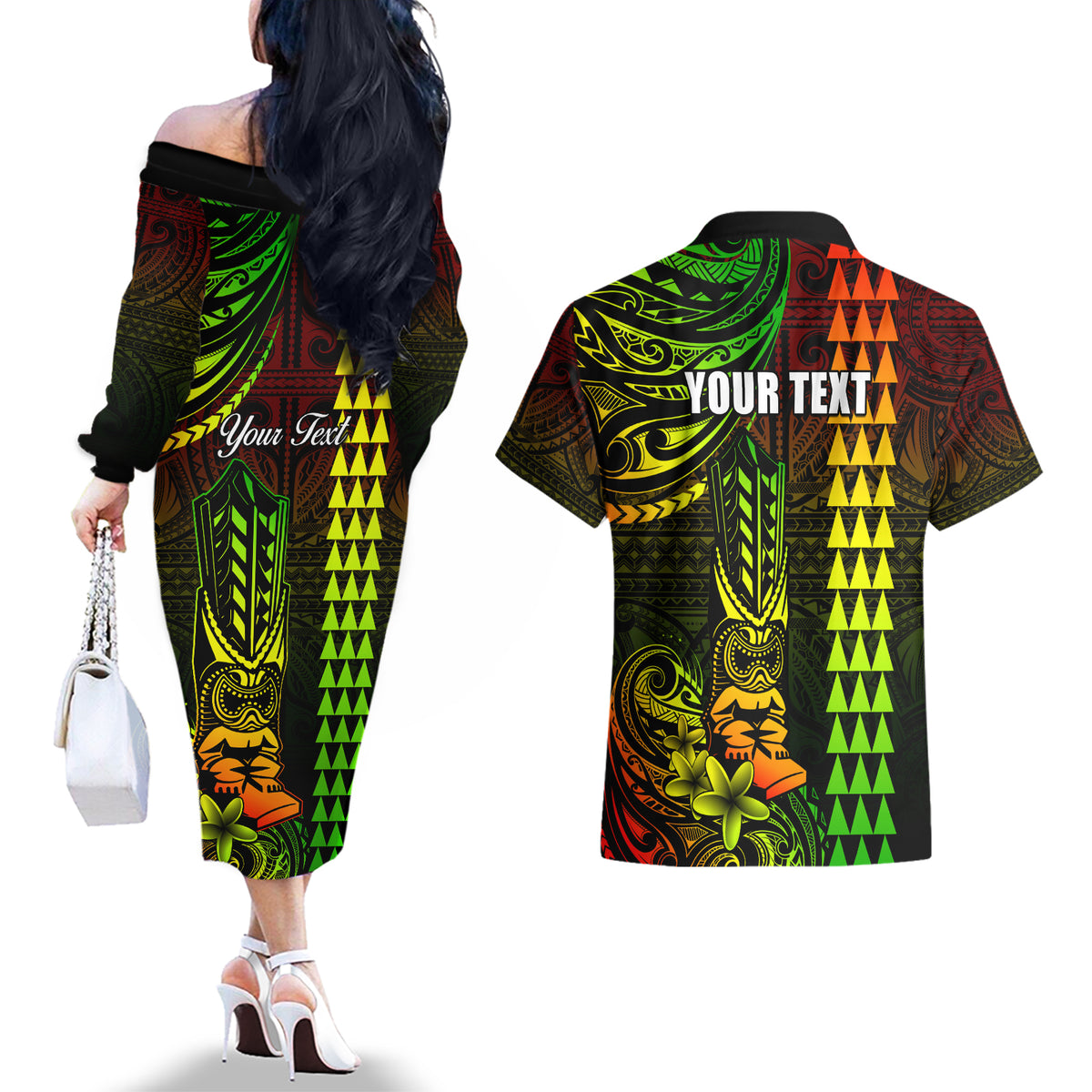 Personalized Hawaii Hauoli Makahiki Hou Couples Matching Off The Shoulder Long Sleeve Dress and Hawaiian Shirt Lono Hawaiian God Kakau Polynesian Tribal Reggae LT05 - Polynesian Pride