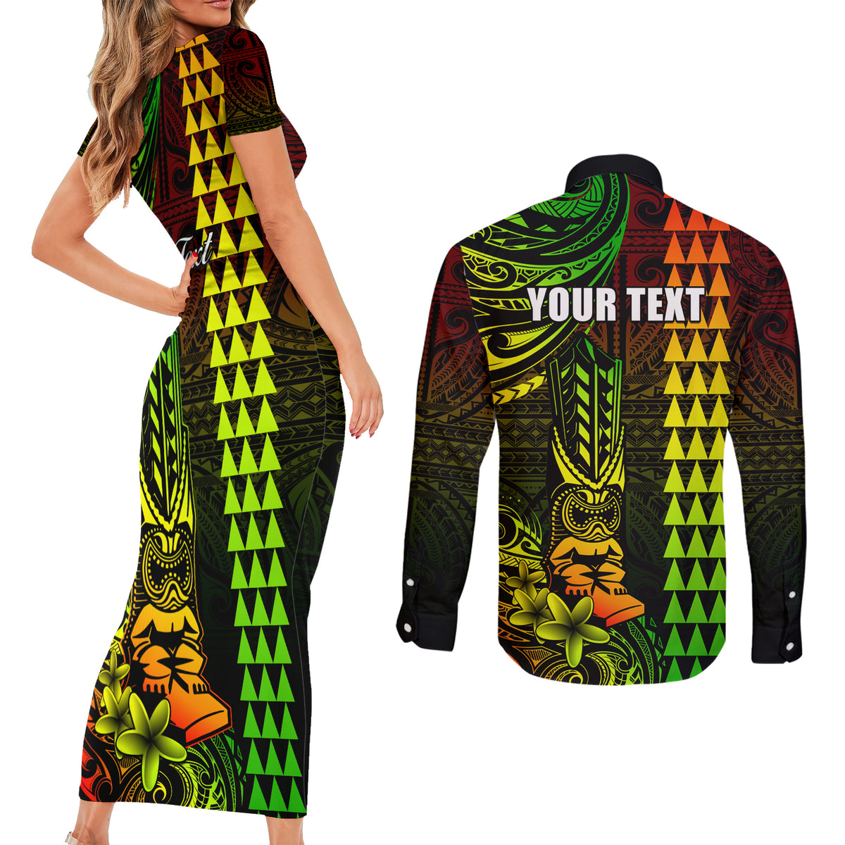 Personalized Hawaii Hauoli Makahiki Hou Couples Matching Short Sleeve Bodycon Dress and Long Sleeve Button Shirts Lono Hawaiian God Kakau Polynesian Tribal Reggae LT05 - Polynesian Pride