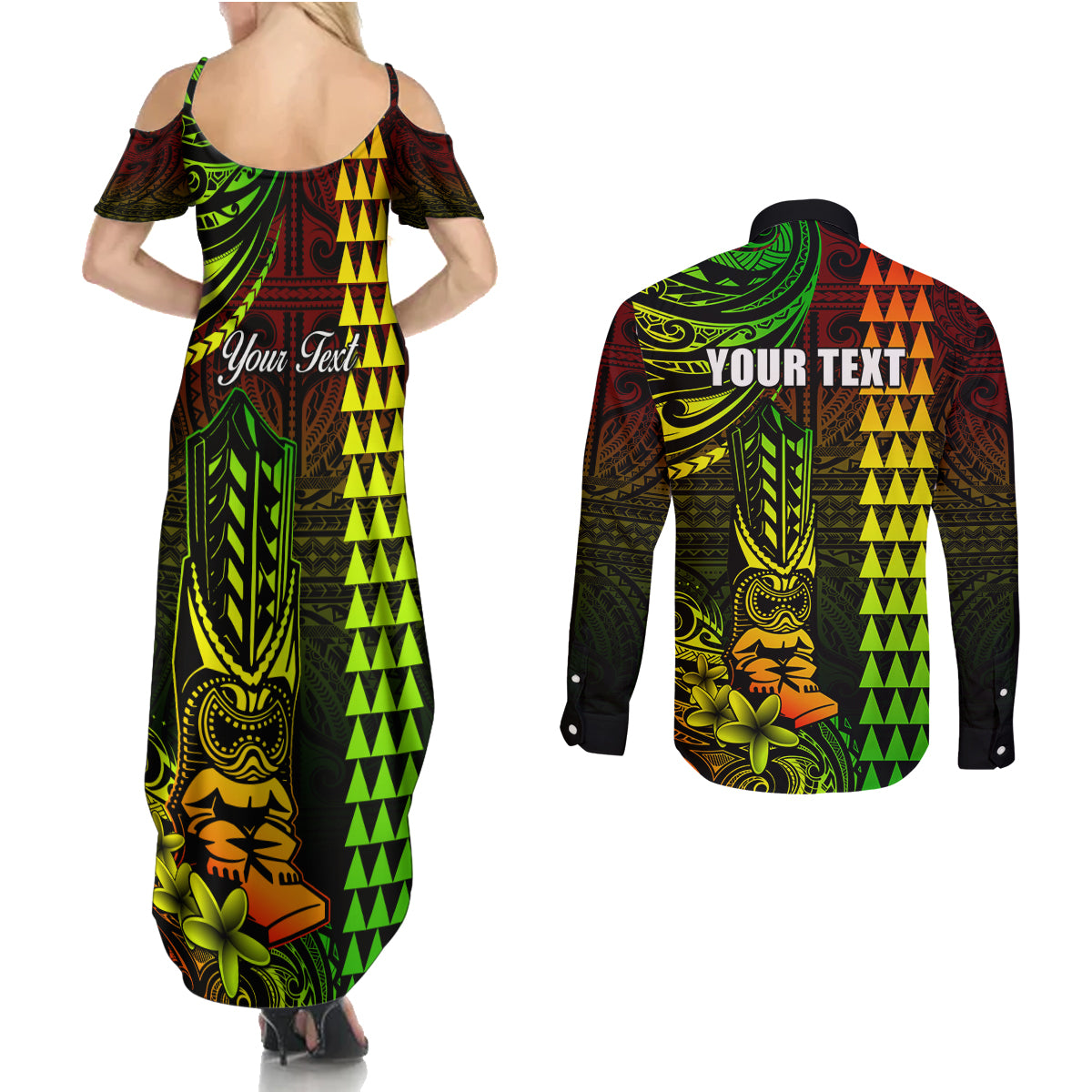 Personalized Hawaii Hauoli Makahiki Hou Couples Matching Summer Maxi Dress and Long Sleeve Button Shirts Lono Hawaiian God Kakau Polynesian Tribal Reggae LT05 - Polynesian Pride