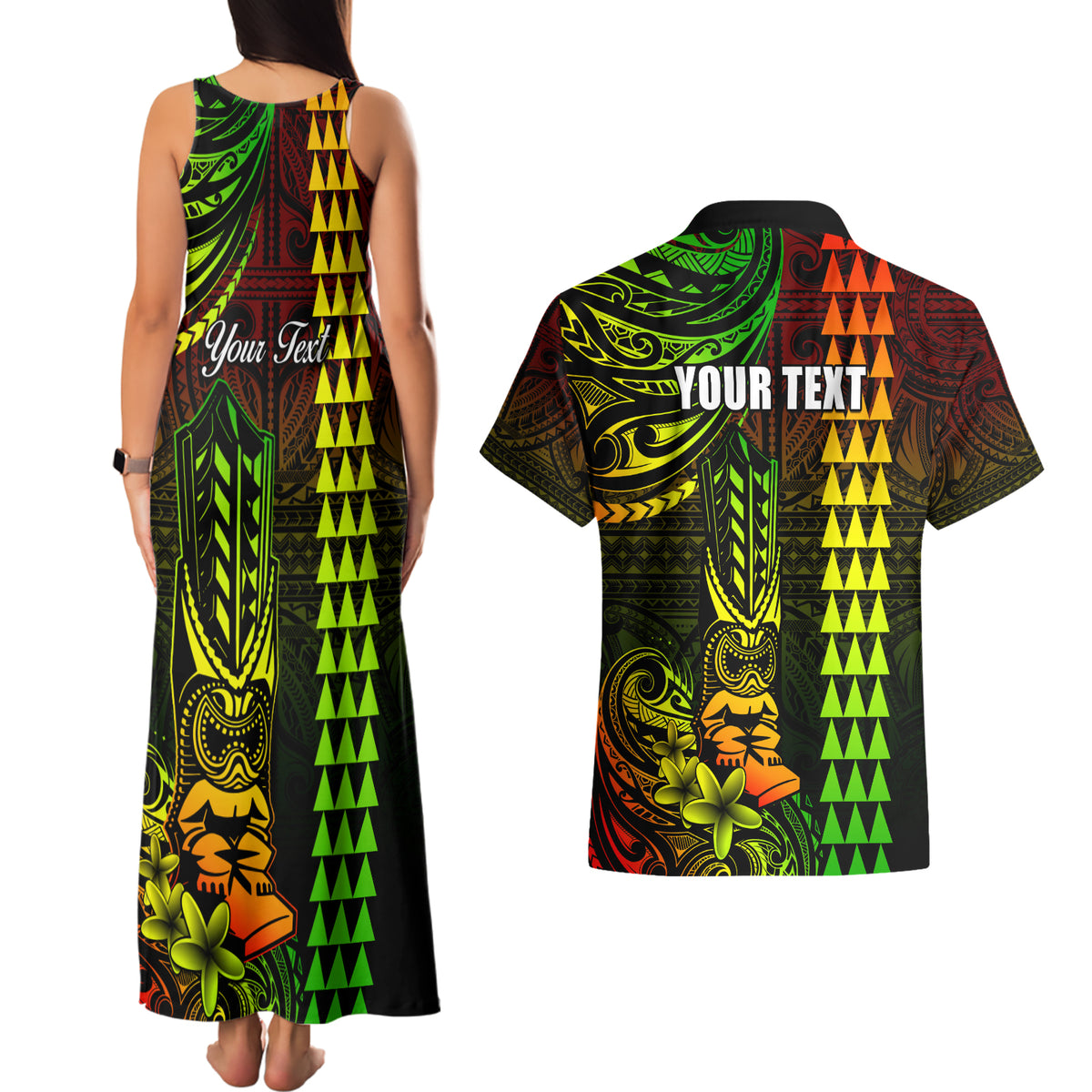 Personalized Hawaii Hauoli Makahiki Hou Couples Matching Tank Maxi Dress and Hawaiian Shirt Lono Hawaiian God Kakau Polynesian Tribal Reggae LT05 - Polynesian Pride