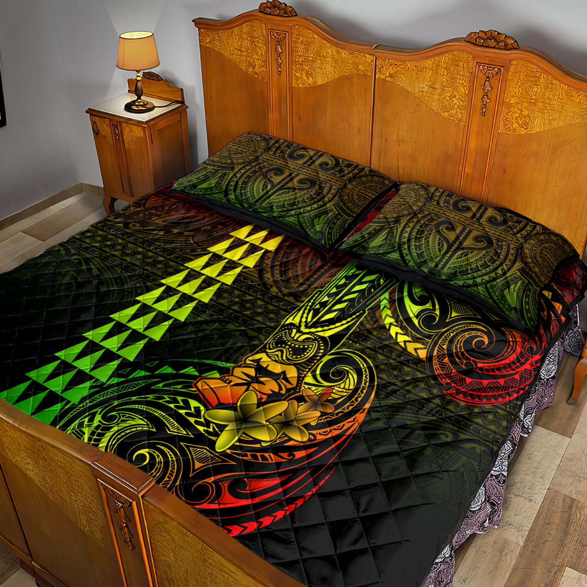 Hawaii Hauoli Makahiki Hou Quilt Bed Set Lono Hawaiian God Kakau Polynesian Tribal Reggae LT05 - Polynesian Pride
