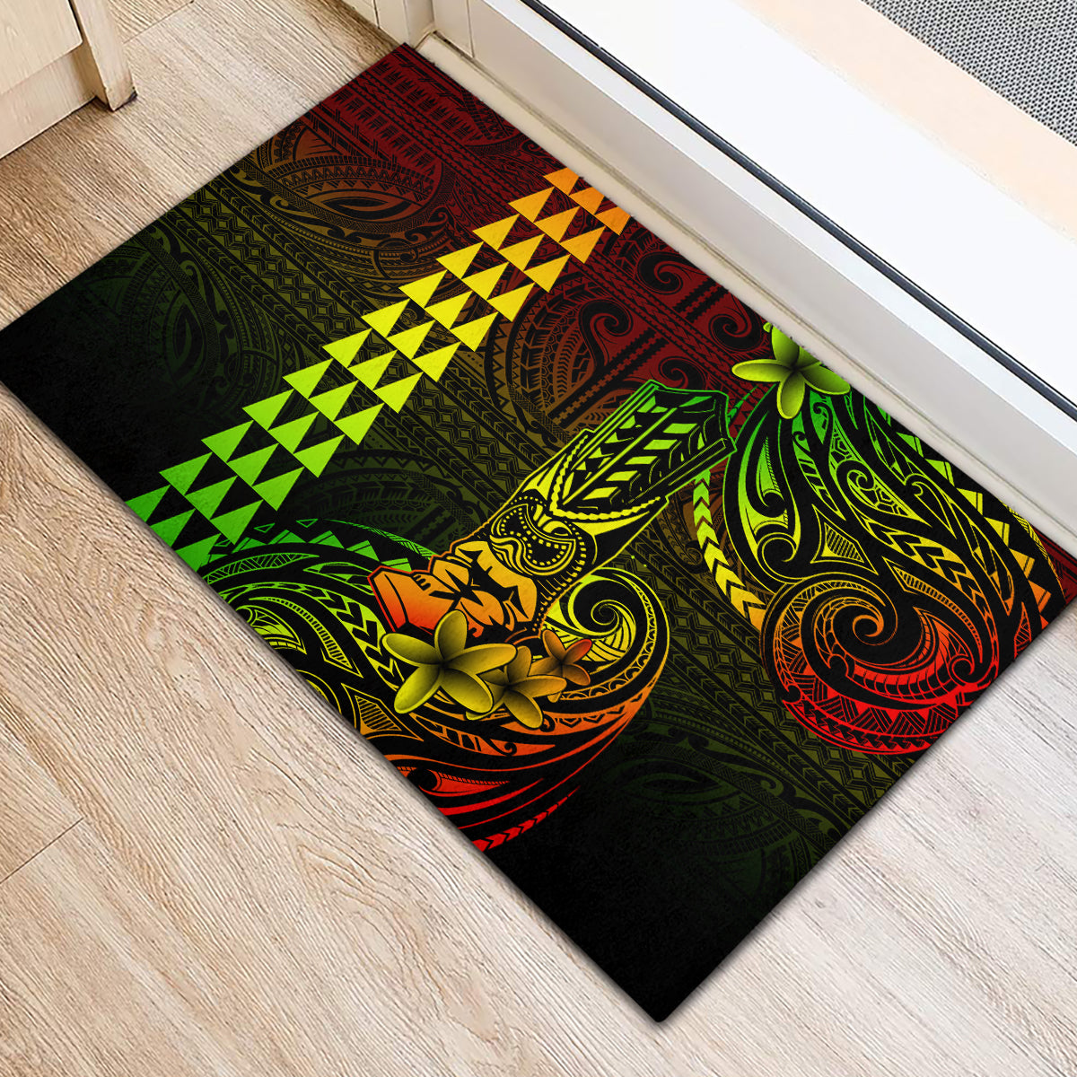 Hawaii Hauoli Makahiki Hou Rubber Doormat Lono Hawaiian God Kakau Polynesian Tribal Reggae LT05 - Polynesian Pride