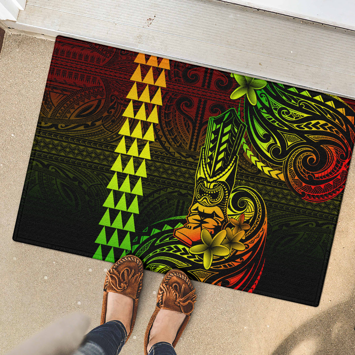 Hawaii Hauoli Makahiki Hou Rubber Doormat Lono Hawaiian God Kakau Polynesian Tribal Reggae LT05 - Polynesian Pride