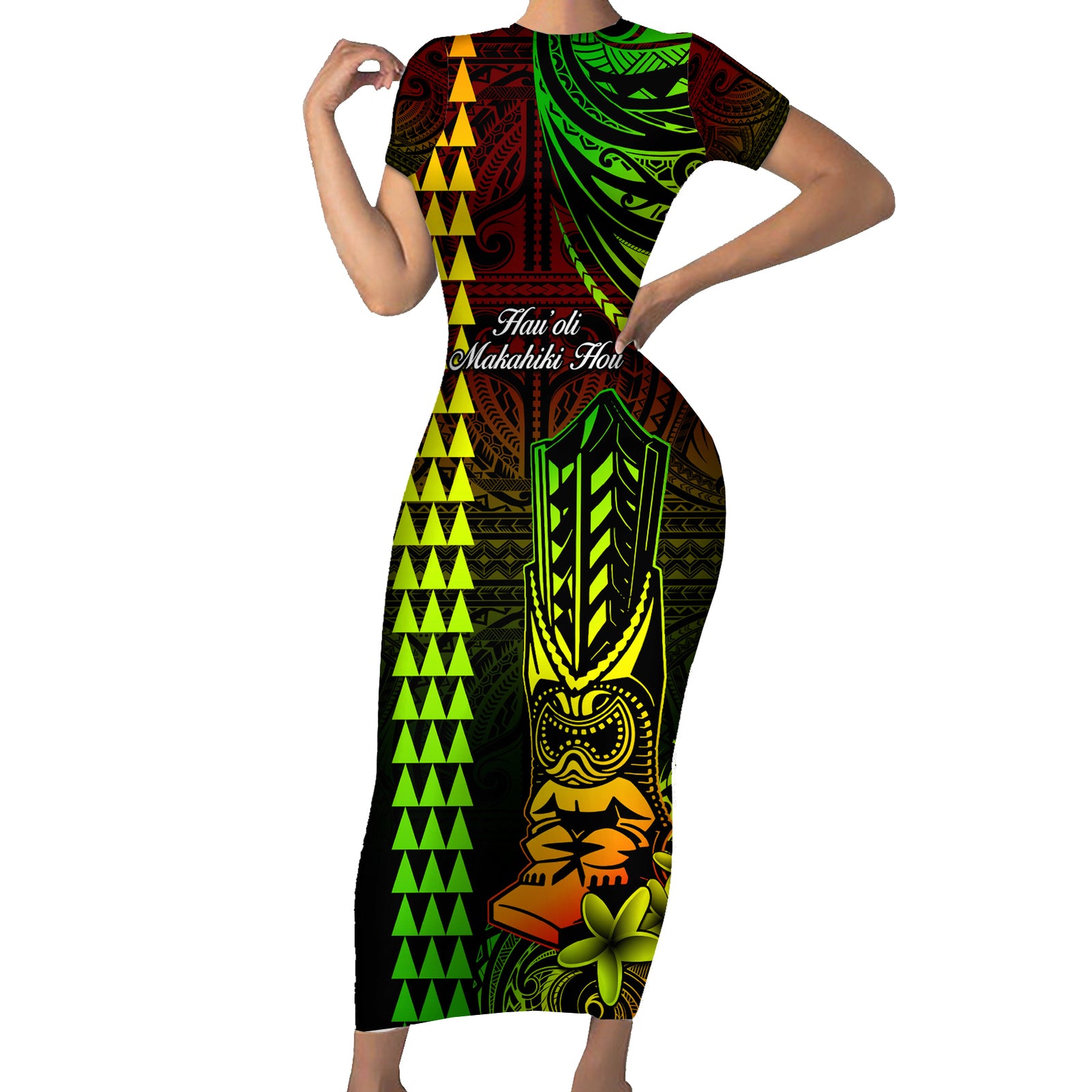 Personalized Hawaii Hauoli Makahiki Hou Short Sleeve Bodycon Dress Lono Hawaiian God Kakau Polynesian Tribal Reggae LT05 Long Dress Reggae - Polynesian Pride