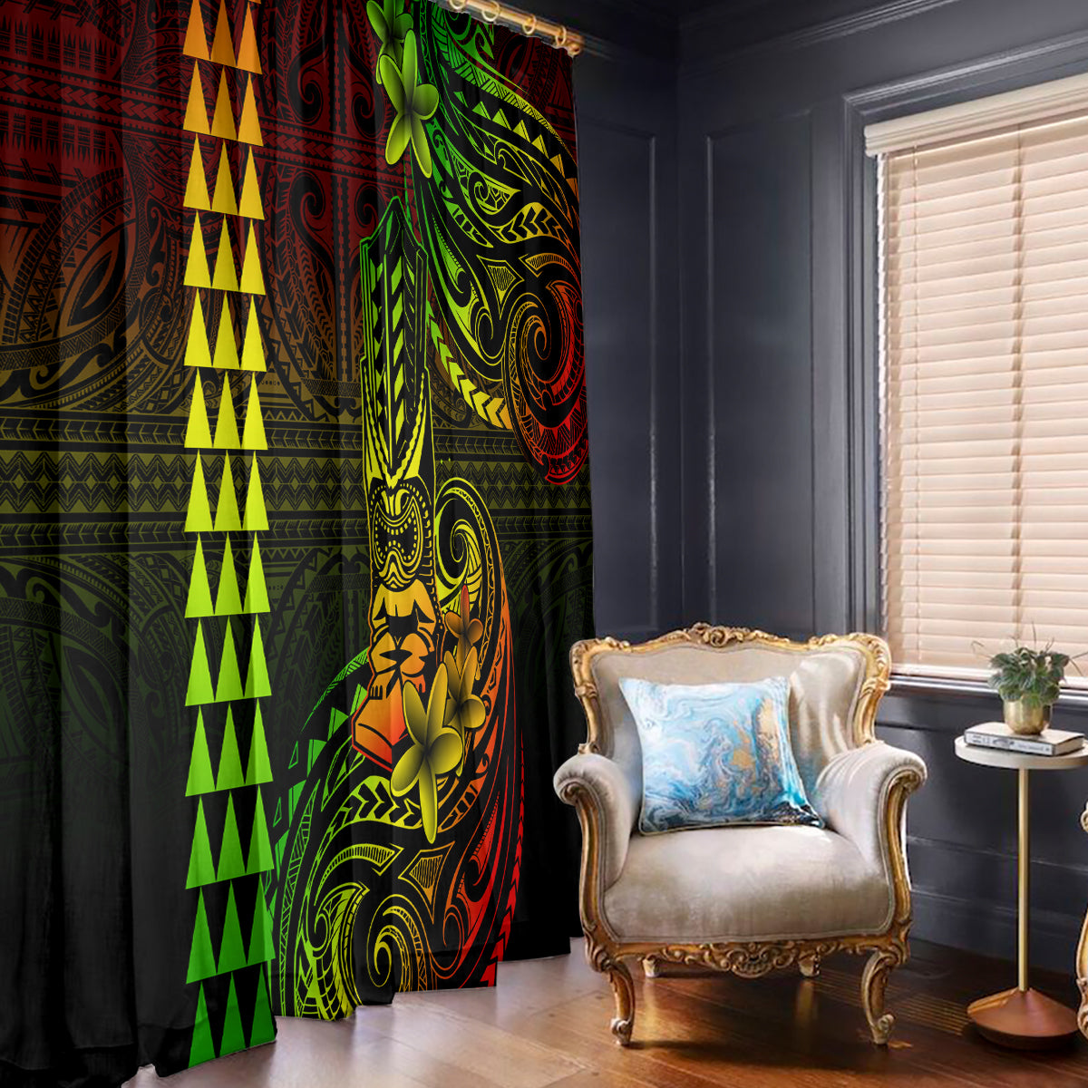 Hawaii Hauoli Makahiki Hou Window Curtain Lono Hawaiian God Kakau Polynesian Tribal Reggae LT05 Hooks Reggae - Polynesian Pride