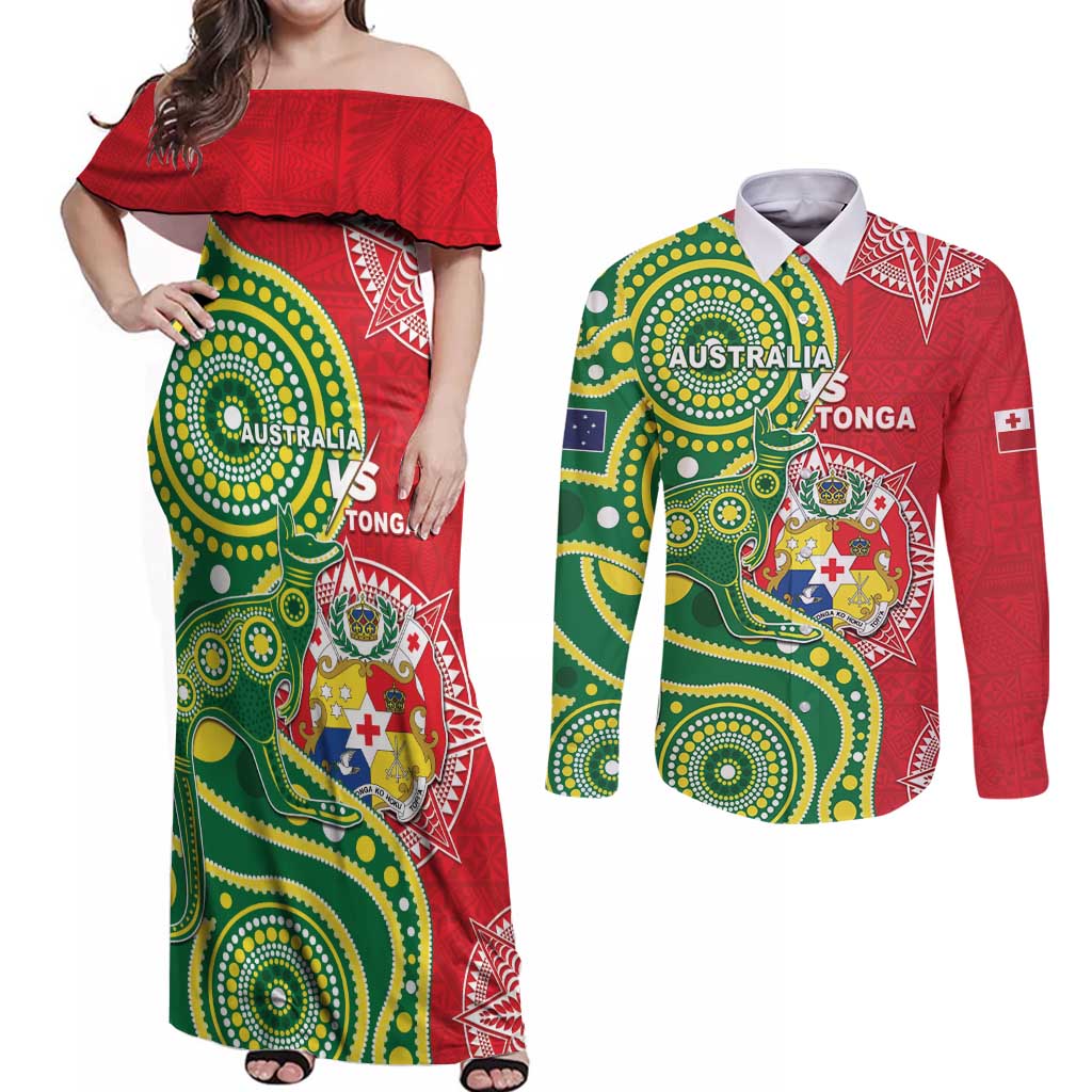 Custom Tonga Australia Rugby Couples Matching Off Shoulder Maxi Dress and Long Sleeve Button Shirt Kangaroos And Tonga Mate Maa Together