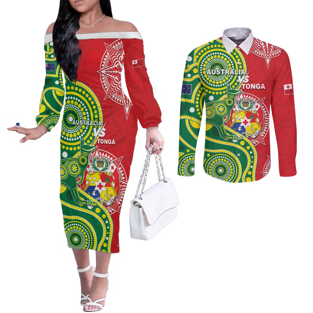 Custom Tonga Australia Rugby Couples Matching Off The Shoulder Long Sleeve Dress and Long Sleeve Button Shirt Kangaroos And Tonga Mate Maa Together