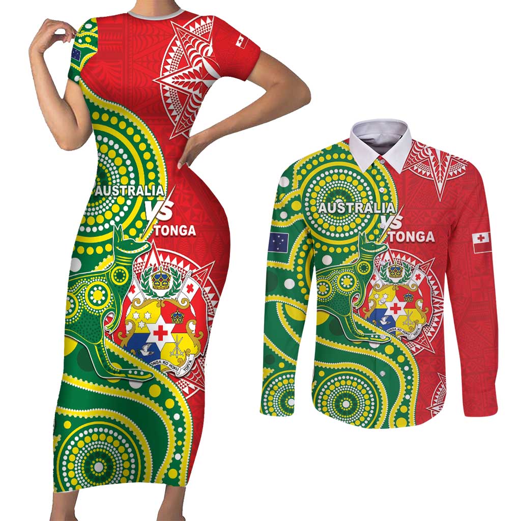 Custom Tonga Australia Rugby Couples Matching Short Sleeve Bodycon Dress and Long Sleeve Button Shirt Kangaroos And Tonga Mate Maa Together