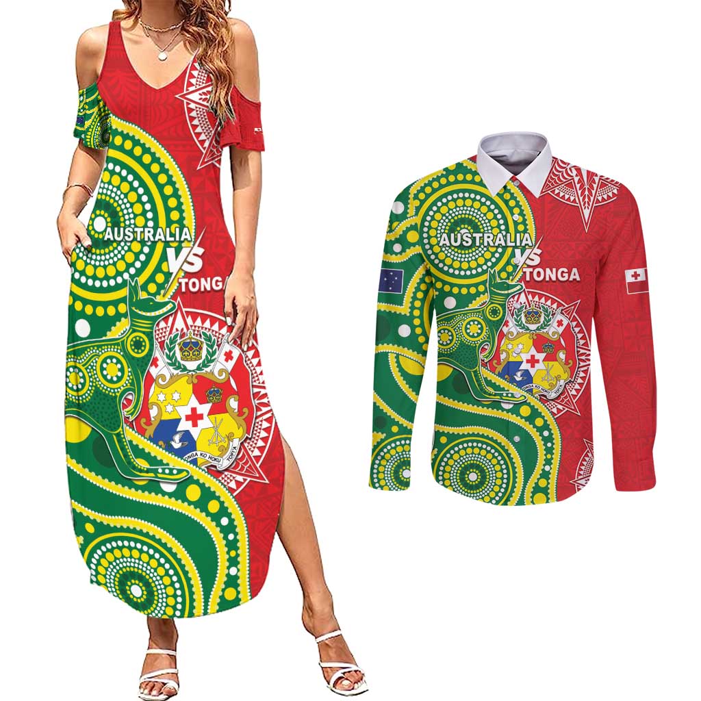 Custom Tonga Australia Rugby Couples Matching Summer Maxi Dress and Long Sleeve Button Shirt Kangaroos And Tonga Mate Maa Together