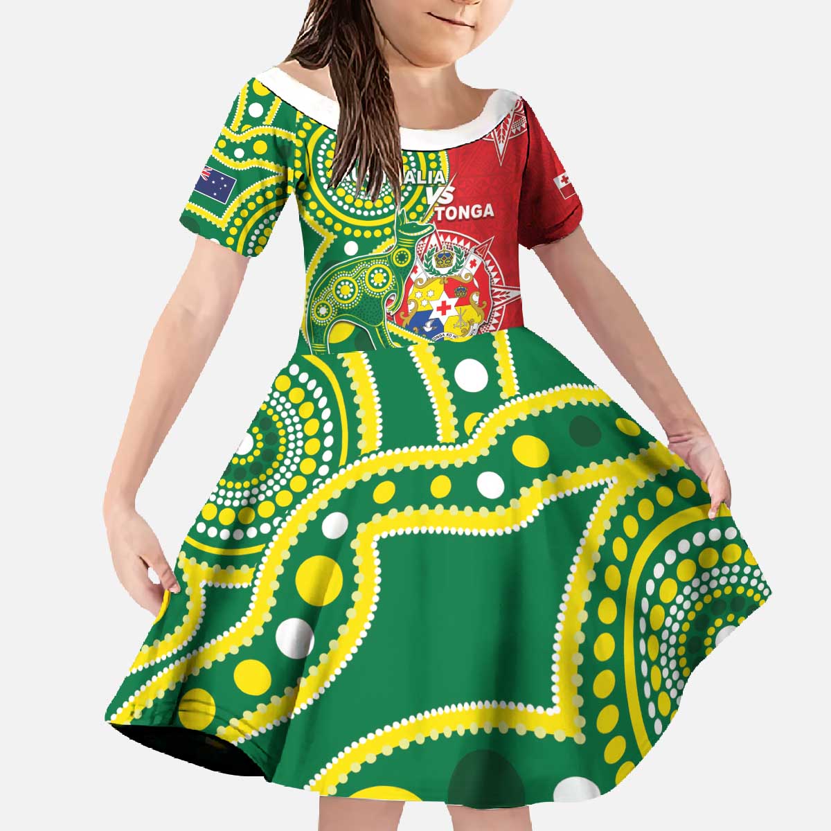 Custom Tonga Australia Rugby Family Matching Off The Shoulder Long Sleeve Dress and Hawaiian Shirt Kangaroos And Tonga Mate Maa Together LT05 Daughter's Dress Green - Polynesian Pride