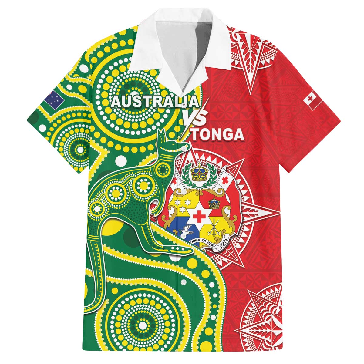 Custom Tonga Australia Rugby Family Matching Off The Shoulder Long Sleeve Dress and Hawaiian Shirt Kangaroos And Tonga Mate Maa Together LT05 Dad's Shirt - Short Sleeve Green - Polynesian Pride