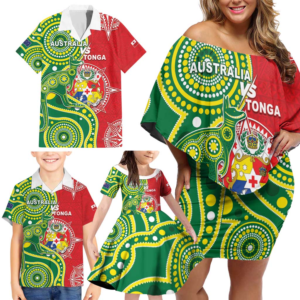 Custom Tonga Australia Rugby Family Matching Off Shoulder Short Dress and Hawaiian Shirt Kangaroos And Tonga Mate Maa Together